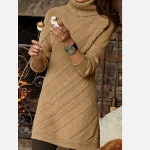 Soft Surroundings Camel Sweater Dress Cable Knit Turtleneck Wool Blend